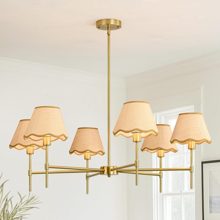 6-Light Boho Rattan Chandelier, 39 Inch Rattan Pendant Light Fixture with Hand-Woven Lamp Shade, Bohemian Rustic Farmhouse Ceiling Light for Dining Room, Living Room, Bedroom, Kitchen Island