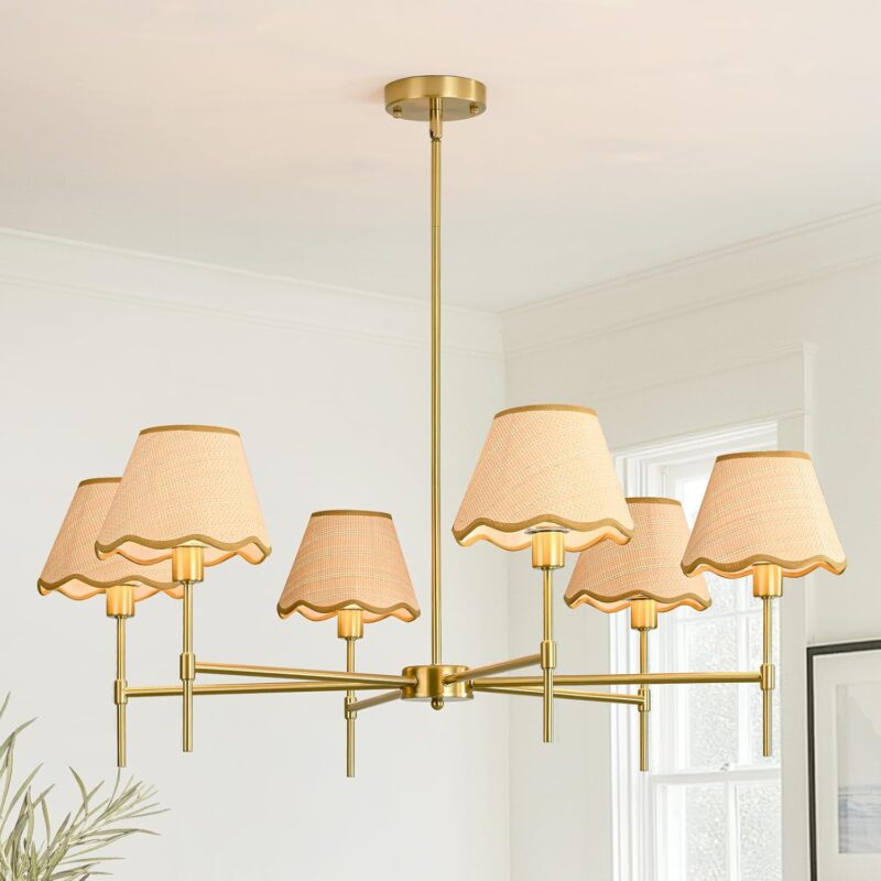 6-Light Boho Rattan Chandelier, 39 Inch Rattan Pendant Light Fixture with Hand-Woven Lamp Shade, Bohemian Rustic Farmhouse Ceiling Light for Dining Room, Living Room, Bedroom, Kitchen Island