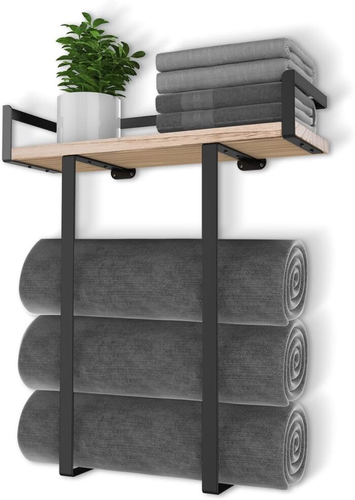 Towel Racks for Bathroom Wall Mounted, Xstydes Metal Towel Holder with Wooden Shelf for Folding Large Towels, Towel Storage for Small Bathroom Organizer Decor or RV Camping - Image 8