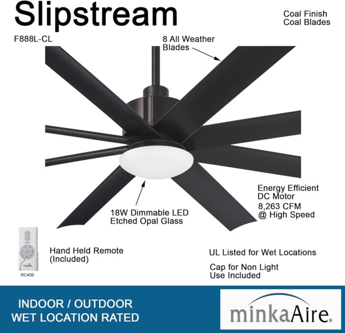 MINKA-AIRE F888L-CL Slipstream 65 Inch Outdoor Ceiling Fan with Dimmable LED Light and DC Motor in Coal Finish - Image 2