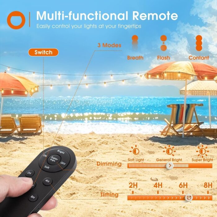 addlon 54FT(48+6) Solar String Lights Outdoor Waterproof with USB Charging & Remote Control - Dimmable Solar Power Patio Lights with LED Bulbs for Porch, Garden, Yard, Market, Bistro - Last for 20+Hrs - Image 5