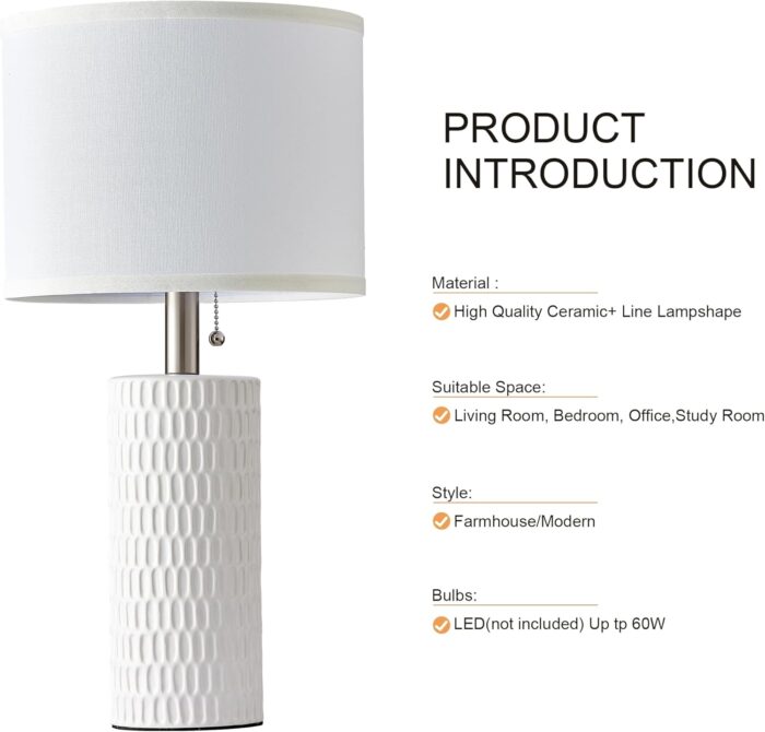 Table Lamps for Living Room Set of 2, Ceramic Table Lamps for Bedroom, 20" Modern Lamps for Night Stands, White - Image 6