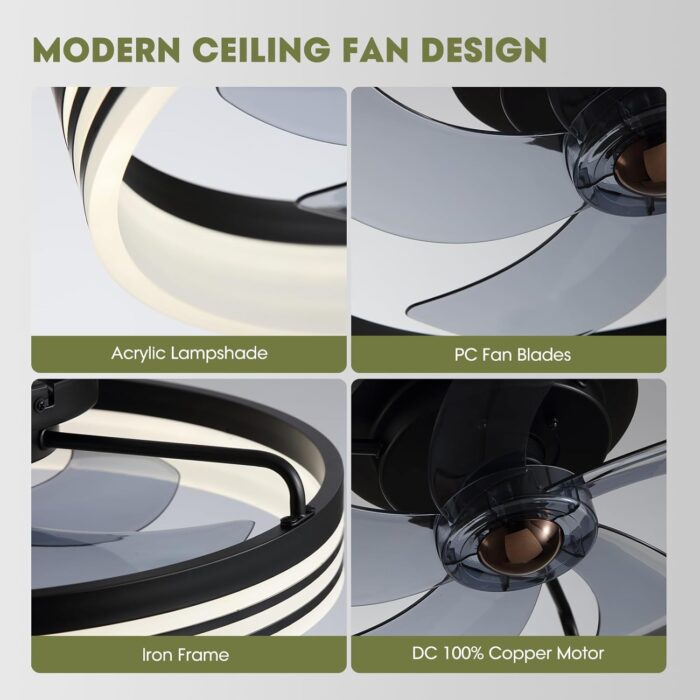Ceiling Fans with Lights, Flush Mount Ceiling Fan with Lights and Remote, 6 Wind Speeds Smart Low Profile Ceiling Fan for Bedroom, Kids Room and Living Room 20" (Black) - Image 6