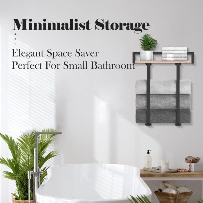 Towel Racks for Bathroom Wall Mounted, Xstydes Metal Towel Holder with Wooden Shelf for Folding Large Towels, Towel Storage for Small Bathroom Organizer Decor or RV Camping - Image 2