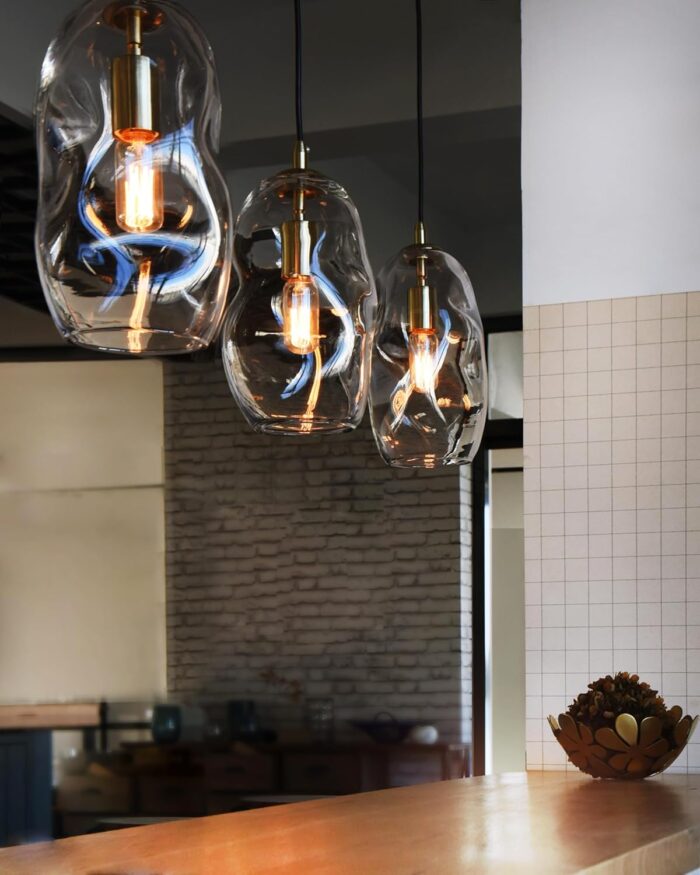 CASAMOTION Pendant Light Fixtures Glass Pendant Lights Kitchen Island Modern Gold Brass Kit Clear Organic Globe Bar Counter Dining Room Large Lamp Shade 12 Inch Height 1 Pack - Image 2