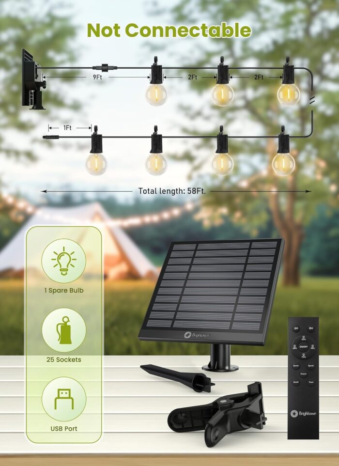 Brightown 58FT Solar String Lights Outdoor with Remote Cable Ties and Hooks, Commercial Grade Patio Lights with 26 LED Shatterproof Bulbs, 3 Light Modes Hanging Light for Backyard Party Decor - Image 6