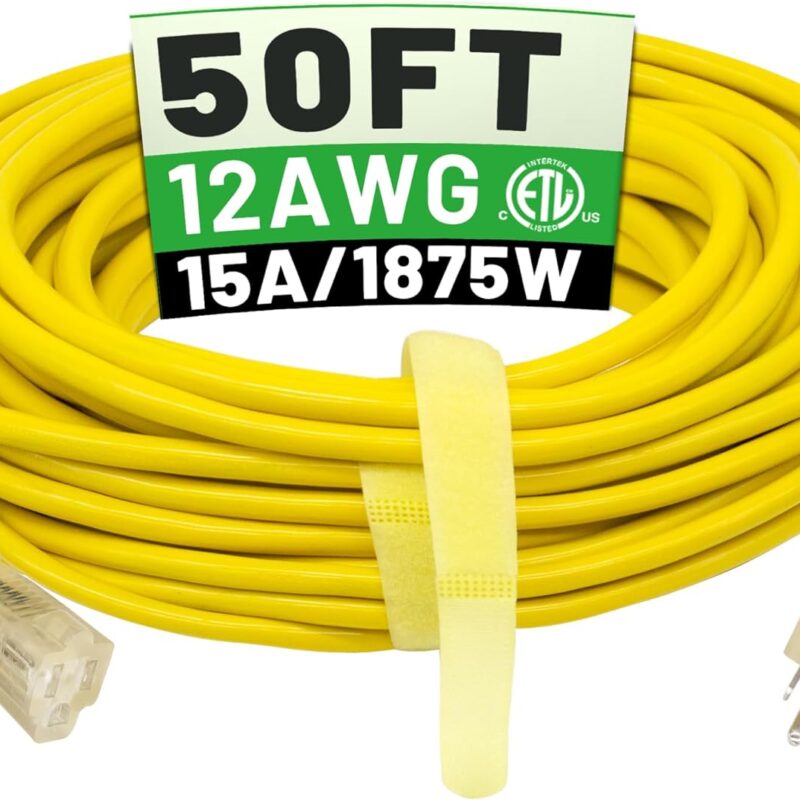 50 ft 12/3 Outdoor Extension Cord Waterproof Heavy Duty with Lighted Indicator End 12 Gauge 3 Prong, Flexible Cold-Resistant Long Power Cord Outside, 15Amp 1875W SJTW Yellow ETL Listed