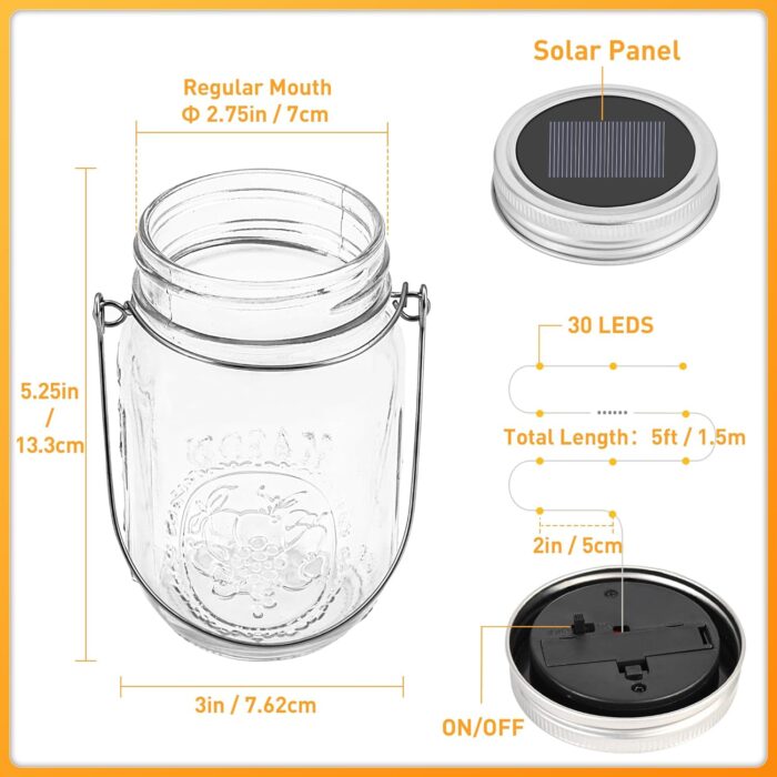 GIGALUMI Hanging Mason Jar Solar Lights, 6 Pack 30 Led Tinplate Lids Hanging Solar Lanterns Outdoor Waterproof, Hangers and Jars Included, Outdoor Decor for Balcony, Garden, Patio, Yard, Wedding - Image 7