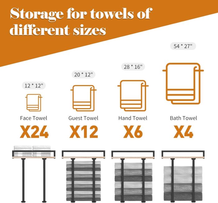 Towel Racks for Bathroom Wall Mounted, Xstydes Metal Towel Holder with Wooden Shelf for Folding Large Towels, Towel Storage for Small Bathroom Organizer Decor or RV Camping - Image 5