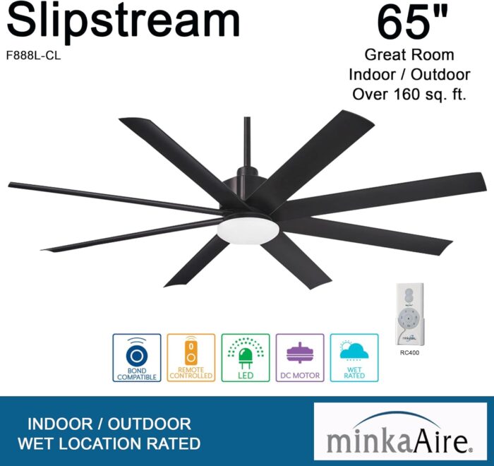 MINKA-AIRE F888L-CL Slipstream 65 Inch Outdoor Ceiling Fan with Dimmable LED Light and DC Motor in Coal Finish - Image 4
