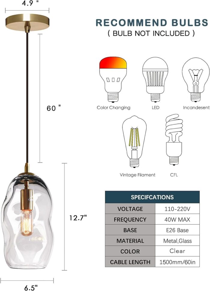 CASAMOTION Pendant Light Fixtures Glass Pendant Lights Kitchen Island Modern Gold Brass Kit Clear Organic Globe Bar Counter Dining Room Large Lamp Shade 12 Inch Height 1 Pack - Image 7