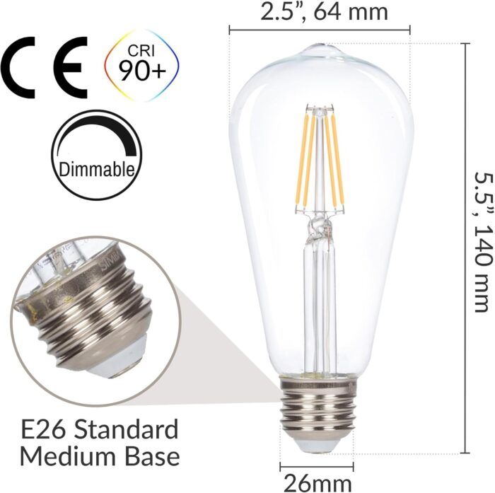 Simba Lighting LED Edison Vintage Filament ST21 (ST64) Light Bulbs (6 Pack) 6W Dimmable 60W Equivalent Clear Glass Decorative Antique Retro, Standard Medium E26 Base, Warm White 2700K - Image 2