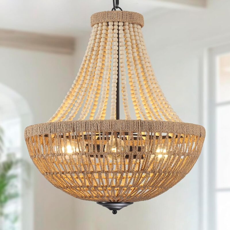 22" Wood Beaded Chandelier Boho Farmhouse Pendant Light Fixtures Bohemia Hand-Woven Rattan Chandeliers for Dining Room Kitchen Island Living Room 5-Lights