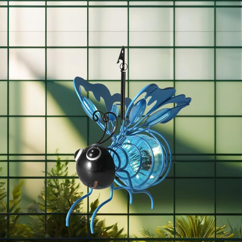 iStatue Solar Hanging Metal Butterfly Light - Weather Resistant Decorative Lights with Bouncy Springs for Garden and Patio - Spring Summer Decorations (Blue)