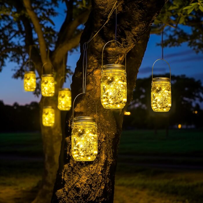 GIGALUMI Hanging Mason Jar Solar Lights, 6 Pack 30 Led Tinplate Lids Hanging Solar Lanterns Outdoor Waterproof, Hangers and Jars Included, Outdoor Decor for Balcony, Garden, Patio, Yard, Wedding - Image 2