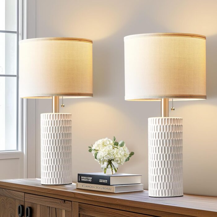 Table Lamps for Living Room Set of 2, Ceramic Table Lamps for Bedroom, 20" Modern Lamps for Night Stands, White - Image 2
