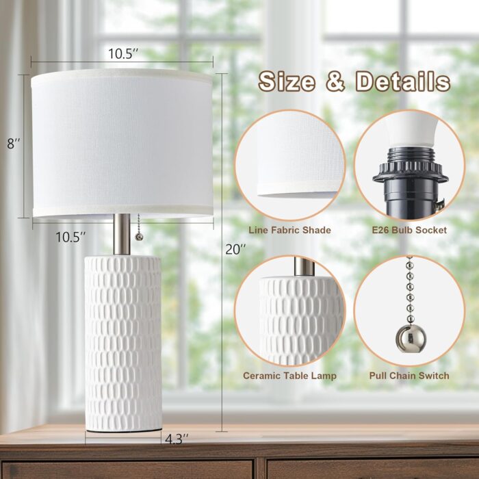 Table Lamps for Living Room Set of 2, Ceramic Table Lamps for Bedroom, 20" Modern Lamps for Night Stands, White - Image 5