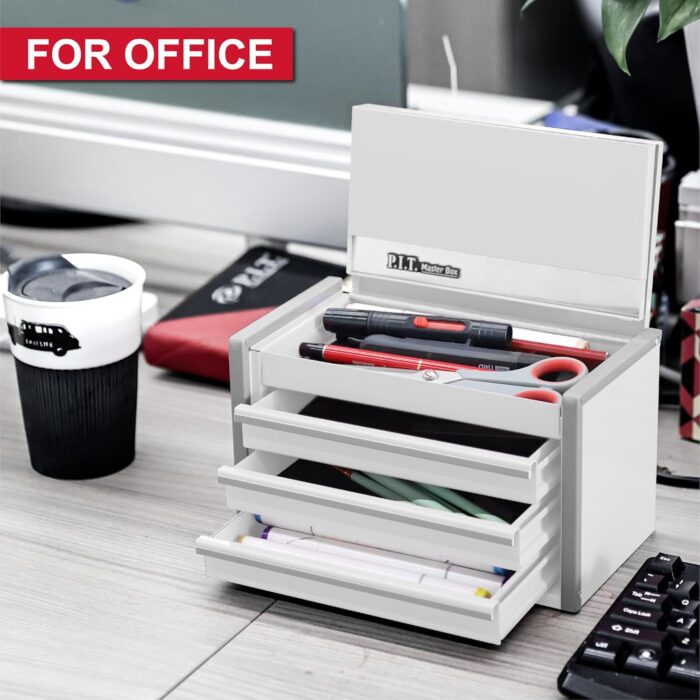 P.I.T. Mini White Tool Box, Portable 3 Drawer Steel Stackable Tool Box with Magnetic Tab Locking, White Micro Top Chest with Liner for Tools Storage and Organizers, Home DIY - Image 2