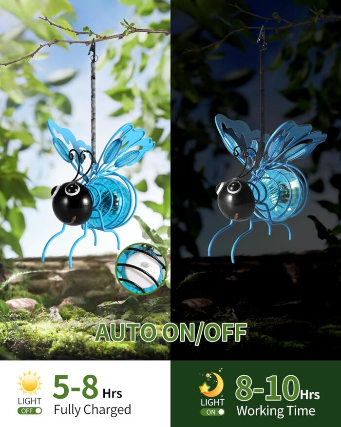 iStatue Solar Hanging Metal Butterfly Light - Weather Resistant Decorative Lights with Bouncy Springs for Garden and Patio - Spring Summer Decorations (Blue) - Image 2
