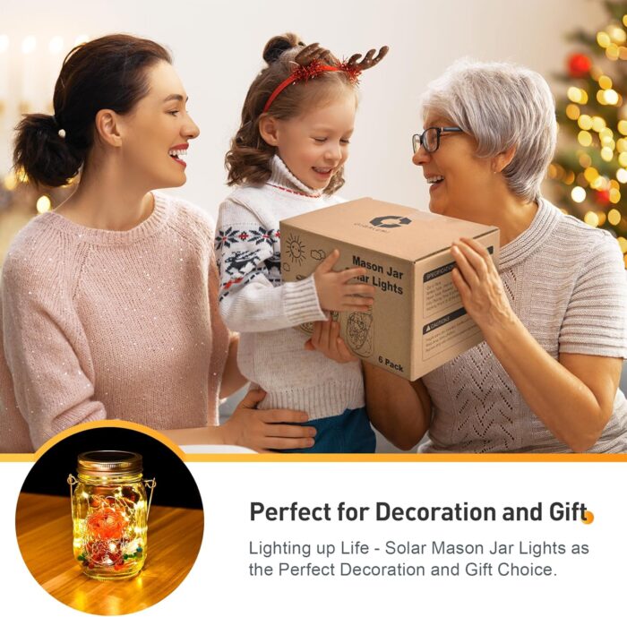 GIGALUMI Hanging Mason Jar Solar Lights, 6 Pack 30 Led Tinplate Lids Hanging Solar Lanterns Outdoor Waterproof, Hangers and Jars Included, Outdoor Decor for Balcony, Garden, Patio, Yard, Wedding - Image 4