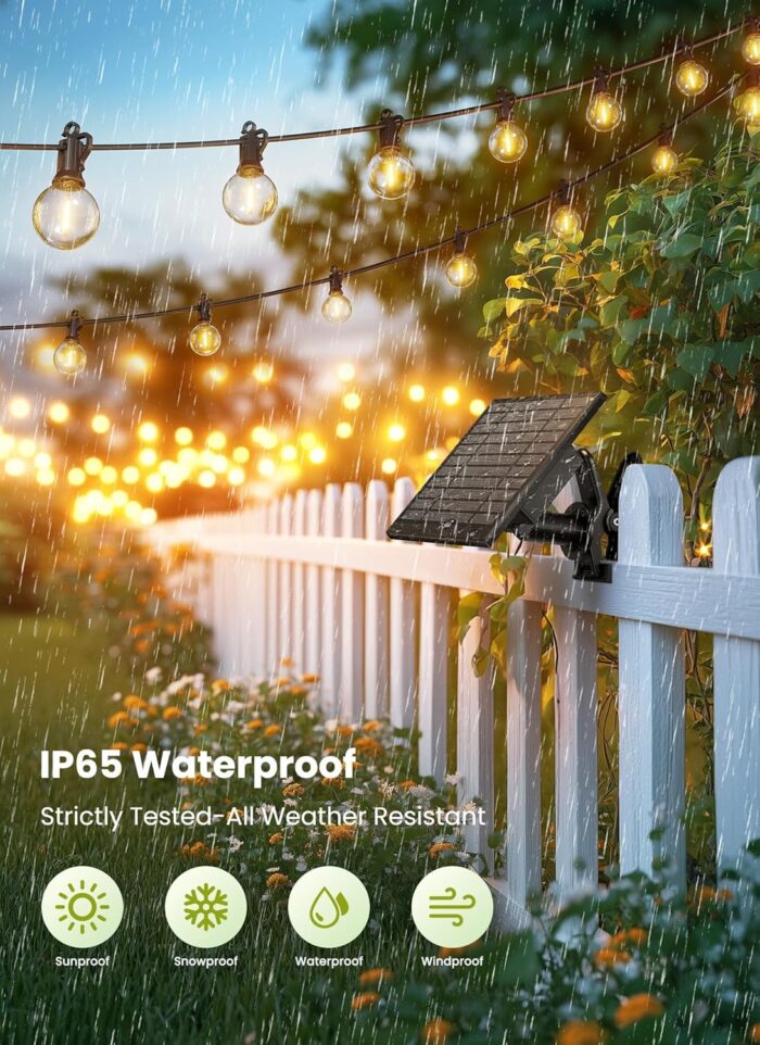 Brightown 58FT Solar String Lights Outdoor with Remote Cable Ties and Hooks, Commercial Grade Patio Lights with 26 LED Shatterproof Bulbs, 3 Light Modes Hanging Light for Backyard Party Decor - Image 3