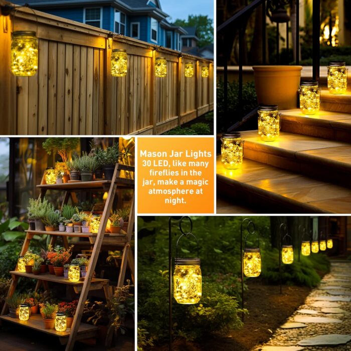 GIGALUMI Hanging Mason Jar Solar Lights, 6 Pack 30 Led Tinplate Lids Hanging Solar Lanterns Outdoor Waterproof, Hangers and Jars Included, Outdoor Decor for Balcony, Garden, Patio, Yard, Wedding - Image 3