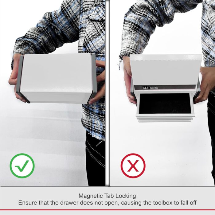 P.I.T. Mini White Tool Box, Portable 3 Drawer Steel Stackable Tool Box with Magnetic Tab Locking, White Micro Top Chest with Liner for Tools Storage and Organizers, Home DIY - Image 8