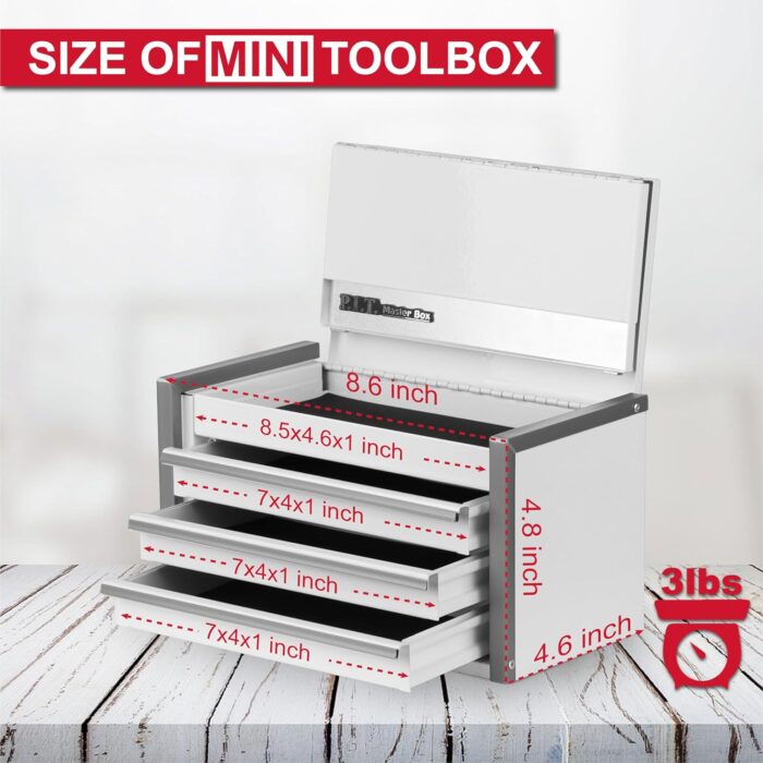 P.I.T. Mini White Tool Box, Portable 3 Drawer Steel Stackable Tool Box with Magnetic Tab Locking, White Micro Top Chest with Liner for Tools Storage and Organizers, Home DIY - Image 3