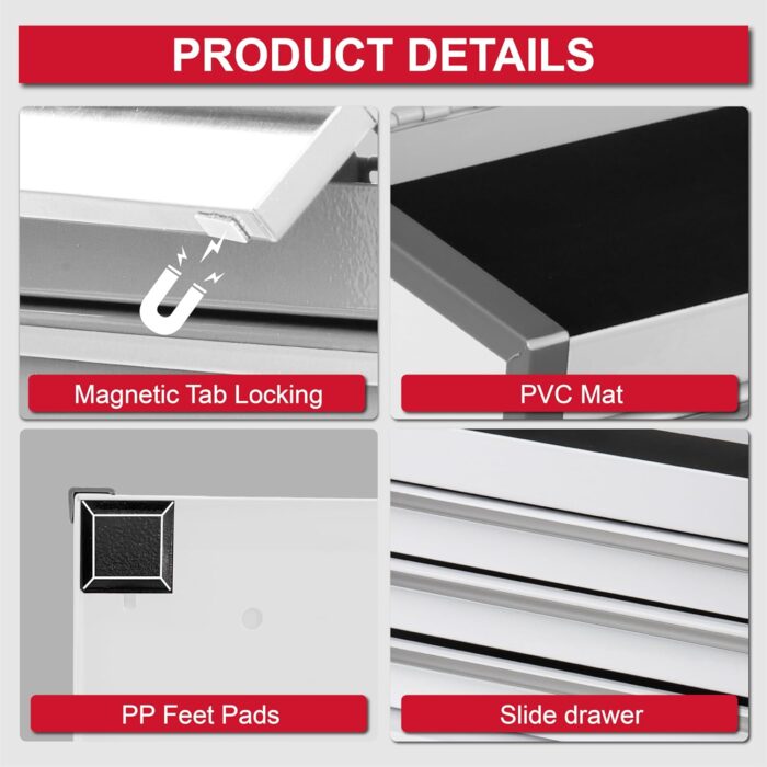 P.I.T. Mini White Tool Box, Portable 3 Drawer Steel Stackable Tool Box with Magnetic Tab Locking, White Micro Top Chest with Liner for Tools Storage and Organizers, Home DIY - Image 7