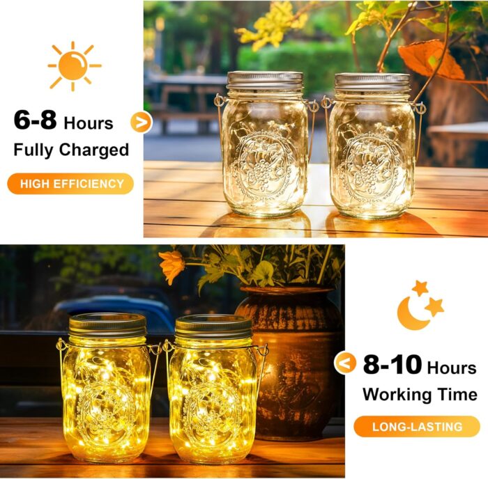 GIGALUMI Hanging Mason Jar Solar Lights, 6 Pack 30 Led Tinplate Lids Hanging Solar Lanterns Outdoor Waterproof, Hangers and Jars Included, Outdoor Decor for Balcony, Garden, Patio, Yard, Wedding - Image 5
