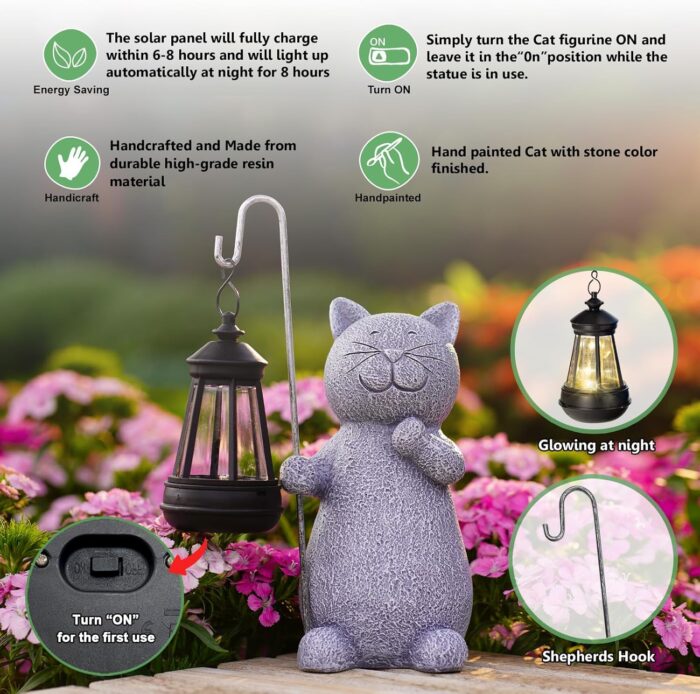 Qeeman Garden Decor Solar Statues: Mothers Day Birthday Gifts for Mom Grandma Women Sister Wife Lady Lover - Front Patio Balcony Yard Art Lawn Ornaments Porch Outdoor Outside Decorations (Cat) - Image 4