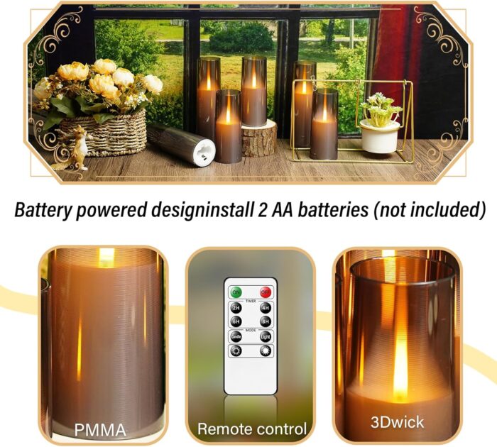 Flickering Flameless Candles 9 Pcs, Battery Operated Candles with Remote Timer, Realistic Pillar LED Candles for Home Decor (Grey) - Image 3