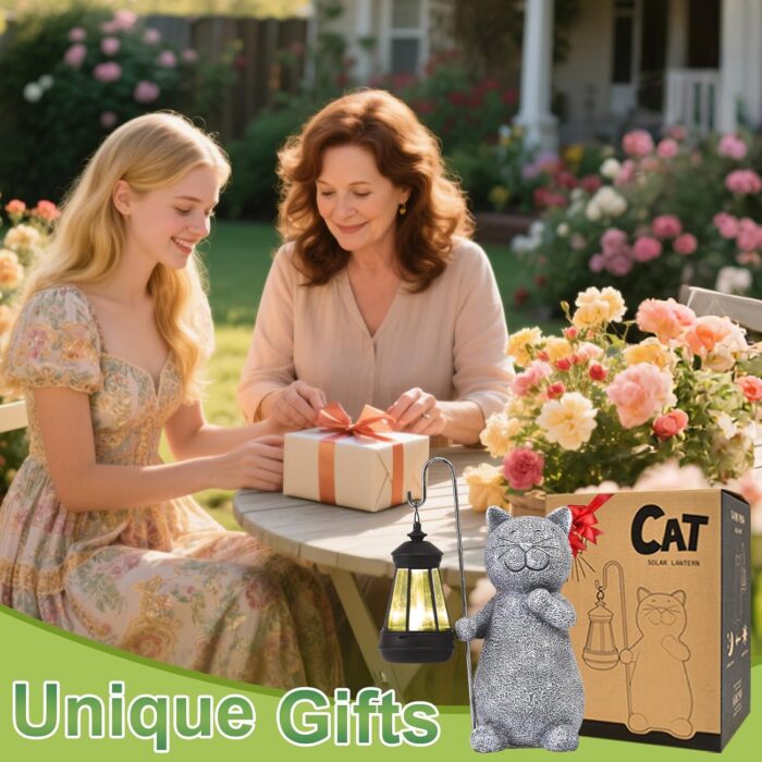 Qeeman Garden Decor Solar Statues: Mothers Day Birthday Gifts for Mom Grandma Women Sister Wife Lady Lover - Front Patio Balcony Yard Art Lawn Ornaments Porch Outdoor Outside Decorations (Cat) - Image 2