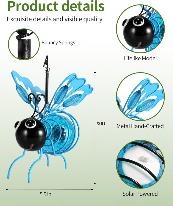 iStatue Solar Hanging Metal Butterfly Light - Weather Resistant Decorative Lights with Bouncy Springs for Garden and Patio - Spring Summer Decorations (Blue) - Image 4