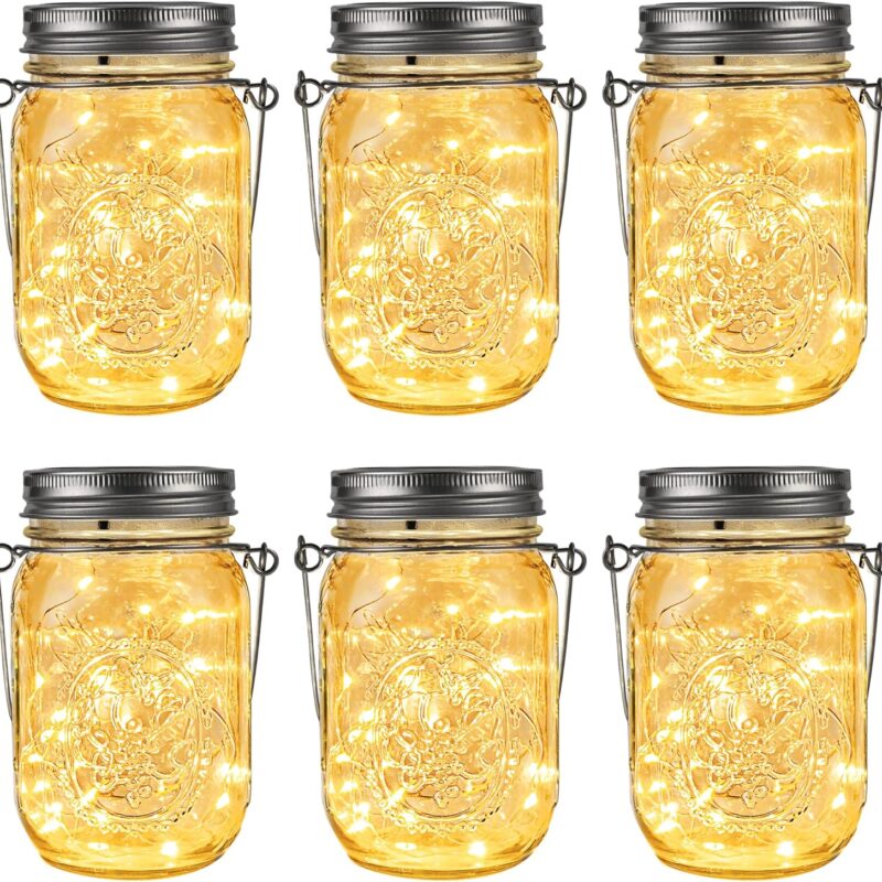 GIGALUMI Hanging Mason Jar Solar Lights, 6 Pack 30 Led Tinplate Lids Hanging Solar Lanterns Outdoor Waterproof, Hangers and Jars Included, Outdoor Decor for Balcony, Garden, Patio, Yard, Wedding