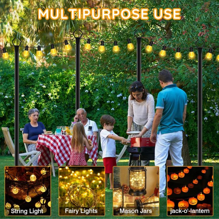6 Pack String Light Poles, Outdoor String Light Pole 10 ft Forked Metal Light Pole with Adjustable Outdoor Light Stand, Deck, Backyard, Garden, Wedding, Rustproof and Sturdy with Hooks - Image 4