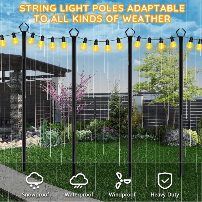 6 Pack String Light Poles, Outdoor String Light Pole 10 ft Forked Metal Light Pole with Adjustable Outdoor Light Stand, Deck, Backyard, Garden, Wedding, Rustproof and Sturdy with Hooks - Image 5