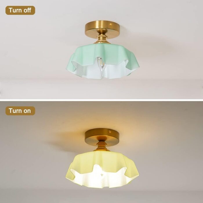 DSMJFU Brass Semi Flush Mount Ceiling Light, Cute Small Green Glass Flush Mount Ceiling Light, Porch Bathroom Lighting Fixtures with Flower Shape Glass for Closet Hallway Entryway - Image 7