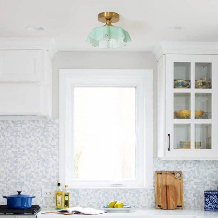 DSMJFU Brass Semi Flush Mount Ceiling Light, Cute Small Green Glass Flush Mount Ceiling Light, Porch Bathroom Lighting Fixtures with Flower Shape Glass for Closet Hallway Entryway - Image 8