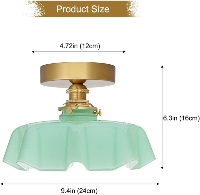 DSMJFU Brass Semi Flush Mount Ceiling Light, Cute Small Green Glass Flush Mount Ceiling Light, Porch Bathroom Lighting Fixtures with Flower Shape Glass for Closet Hallway Entryway - Image 6