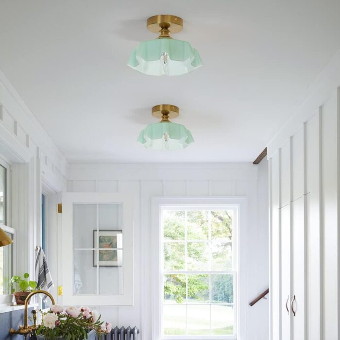 DSMJFU Brass Semi Flush Mount Ceiling Light, Cute Small Green Glass Flush Mount Ceiling Light, Porch Bathroom Lighting Fixtures with Flower Shape Glass for Closet Hallway Entryway - Image 2