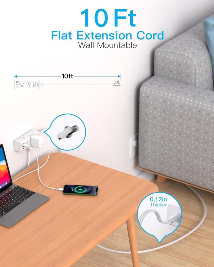 One Beat 10Ft Extension Cord with Multiple Outlets,Flat Plug Power Strip Surge Protector with 10 Ft Long Cord,6 Outlet 3 USB Ports (1USB C),Multi Outlet Wall Plug for Travel,College,Dorm Essentials - Image 2