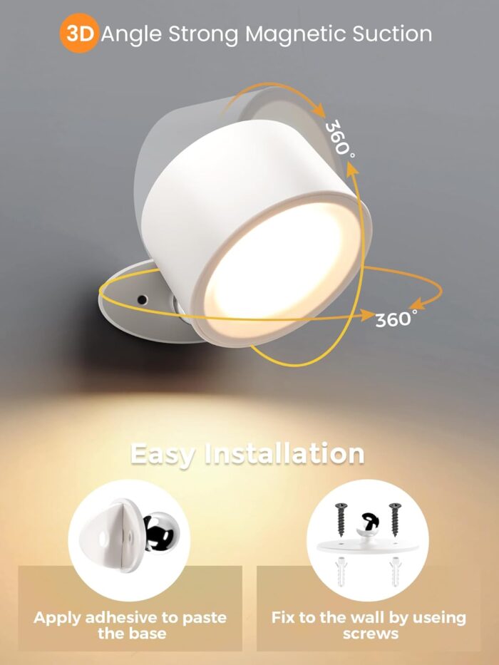LED Wall Sconces Rechargeable Wall Mounted Wireless Lights, 3 Color Temperatures & Dimmable, Magnetic 360° Rotation Picture Lights Bedside Decor Wall Lamps for Bedroom Night Reading - Image 2