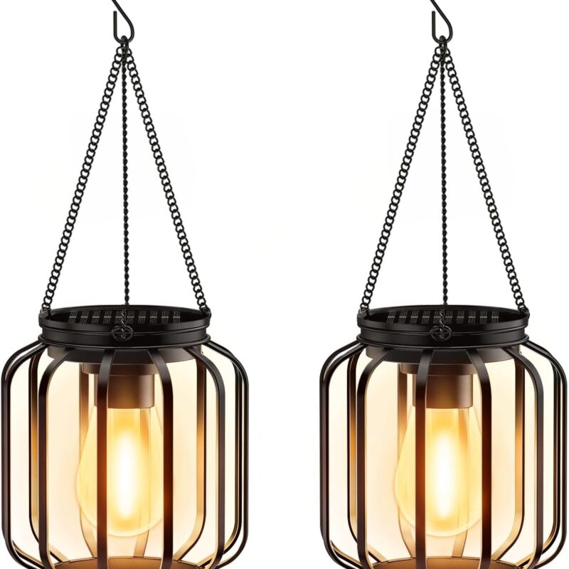 Solar Hanging Lanterns Outdoor: 2 Pack Metal Solar Hanging Lights with Hook, Bright - Warm Waterproof LED Lanterns for Outside, Classic Decorative Solar-Powered Light for Yard Garden Patio Porch Decor