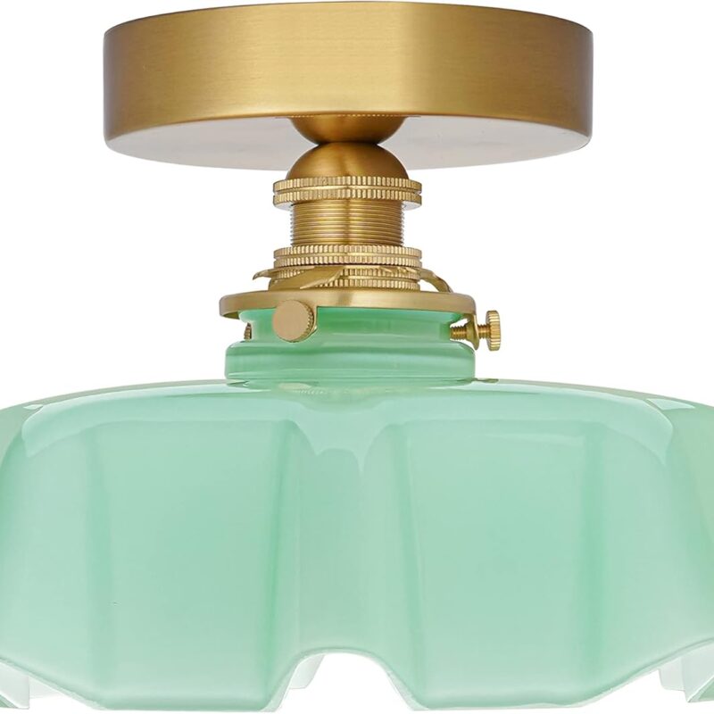 DSMJFU Brass Semi Flush Mount Ceiling Light, Cute Small Green Glass Flush Mount Ceiling Light, Porch Bathroom Lighting Fixtures with Flower Shape Glass for Closet Hallway Entryway
