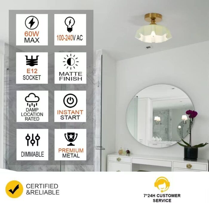 DSMJFU Brass Semi Flush Mount Ceiling Light, Cute Small Green Glass Flush Mount Ceiling Light, Porch Bathroom Lighting Fixtures with Flower Shape Glass for Closet Hallway Entryway - Image 3