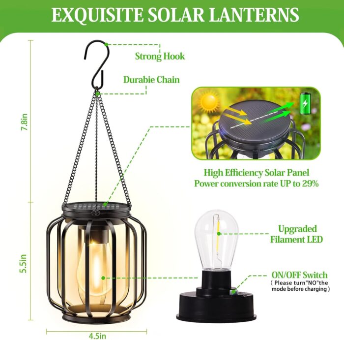 Solar Hanging Lanterns Outdoor: 2 Pack Metal Solar Hanging Lights with Hook, Bright - Warm Waterproof LED Lanterns for Outside, Classic Decorative Solar-Powered Light for Yard Garden Patio Porch Decor - Image 2