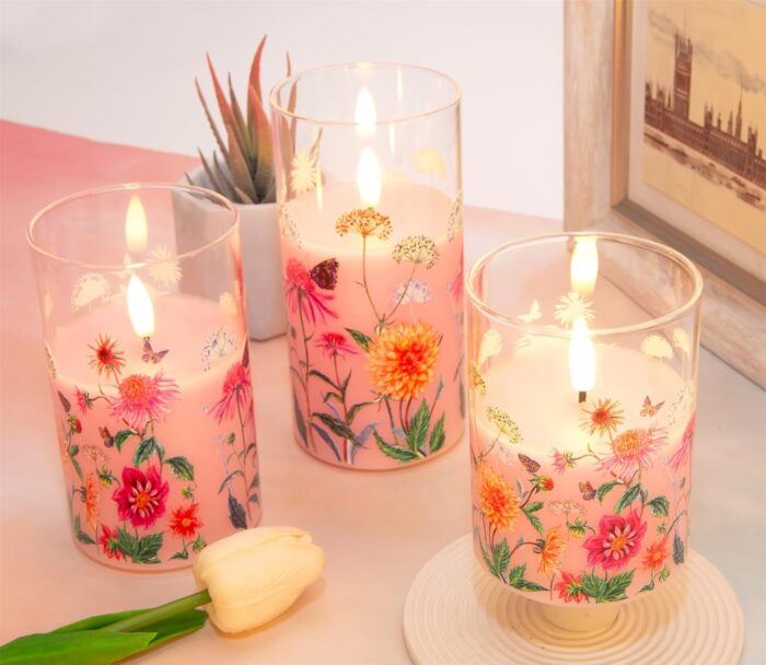 Pink Floral Glass Flameless Candles with Remote, Flickering Real Wax LED Pillar Candles Set of 3 - Image 4