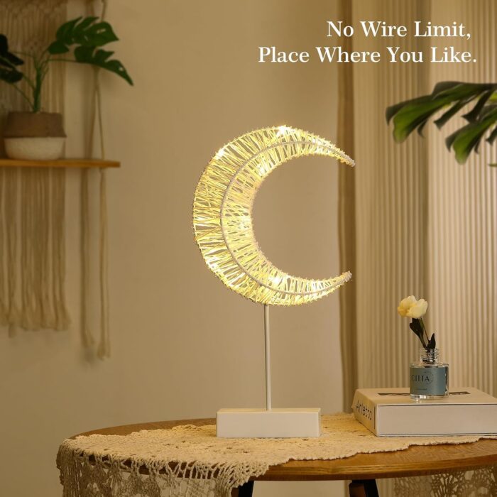 Decorative Table Lamp, Moon Shape Ramadan Desk Lamp Battery Powered Light, Winding Thread Warm LED Crescent Light Christmas Home Bedroom Romantic Bedside Desktop Nightstand Decoration, White - Image 3