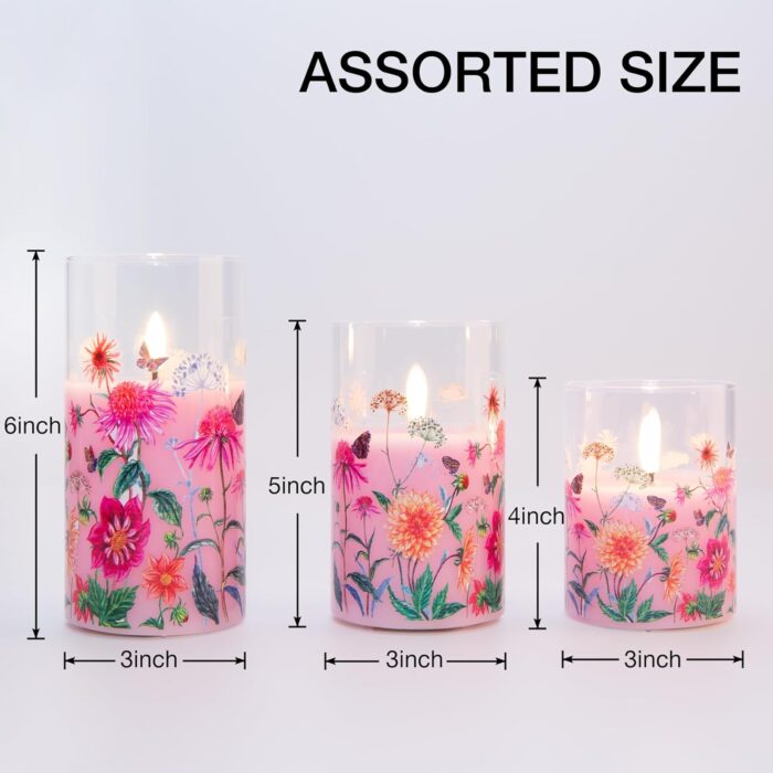 Pink Floral Glass Flameless Candles with Remote, Flickering Real Wax LED Pillar Candles Set of 3 - Image 2